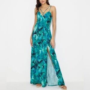 Teal Blue Strappy Criss Cross Sweetheart Neckline Flowy A-Line Split Maxi Dress